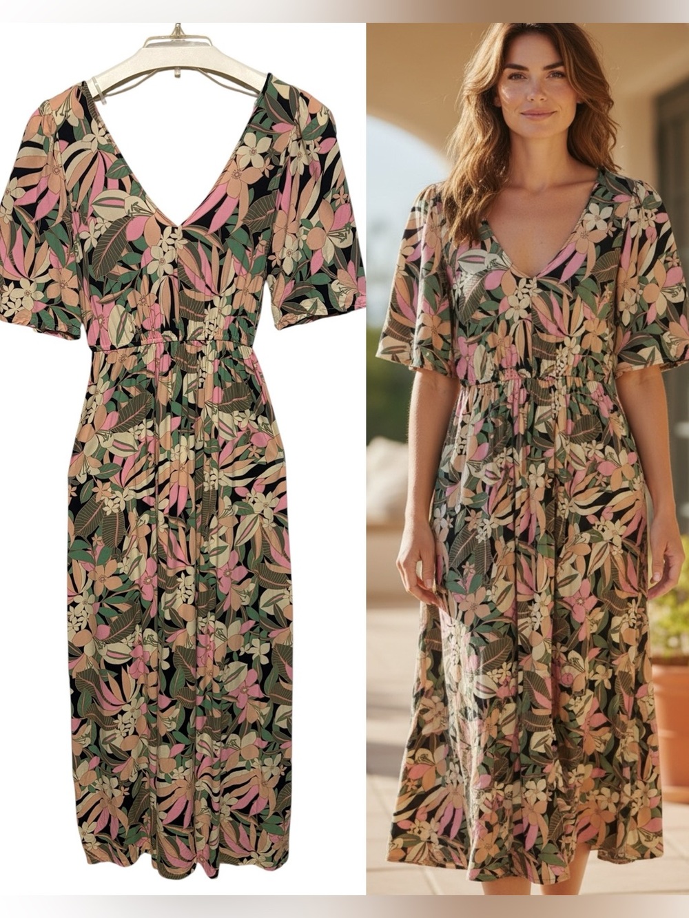 ROXY Tropical Floral Maxi Dress V Neck Puff Sleeve Black Pink Green